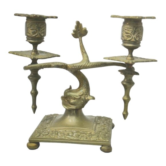 Pair of Antique Brass Asian Dragon/ Koi Fish Double Candle Holders 7" H x 8" W - Picture 8 of 12